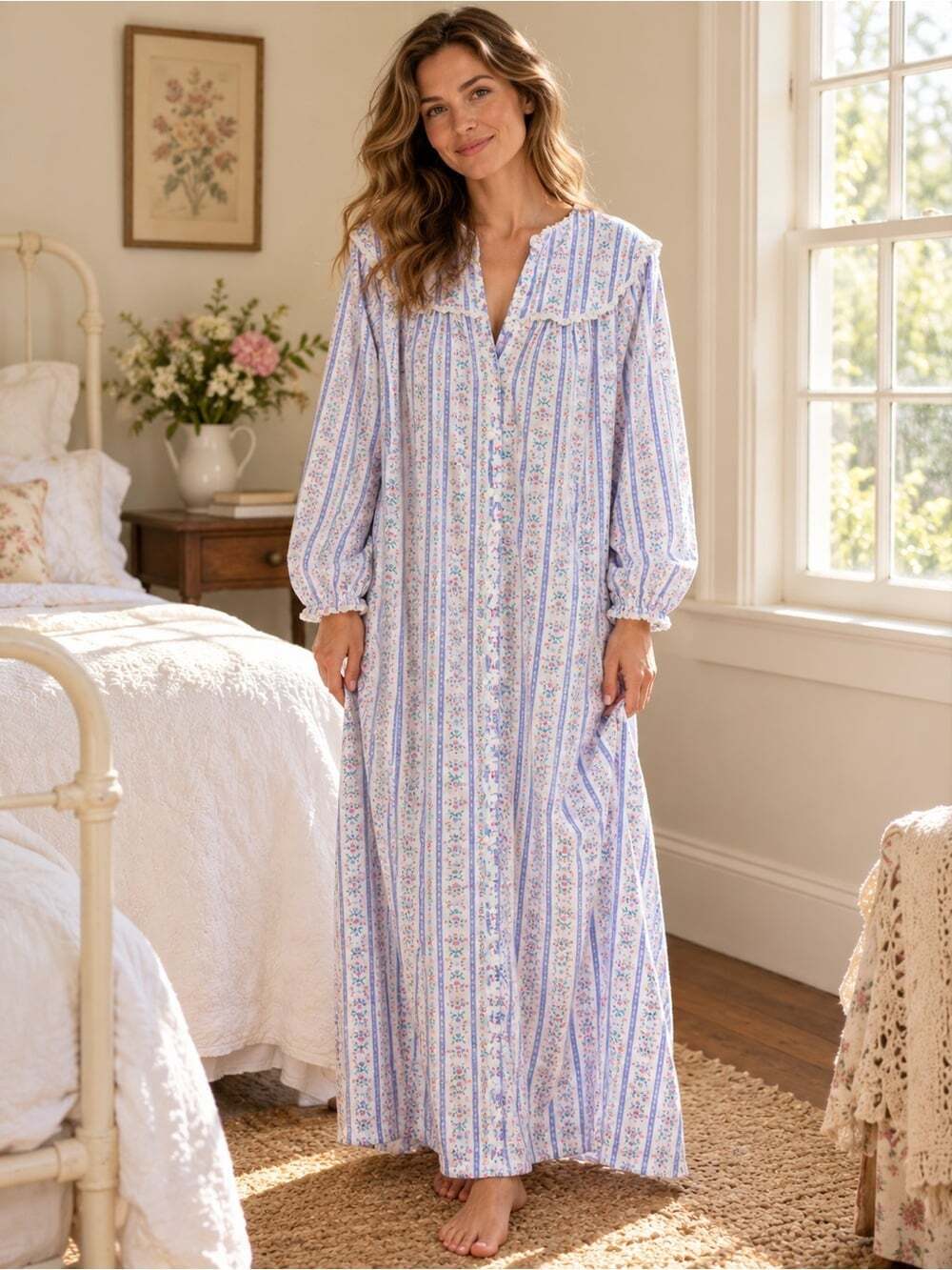 Lanz of Salzburg Cottagecore Cozy Cotton Floral Stripe Nightgown Size large